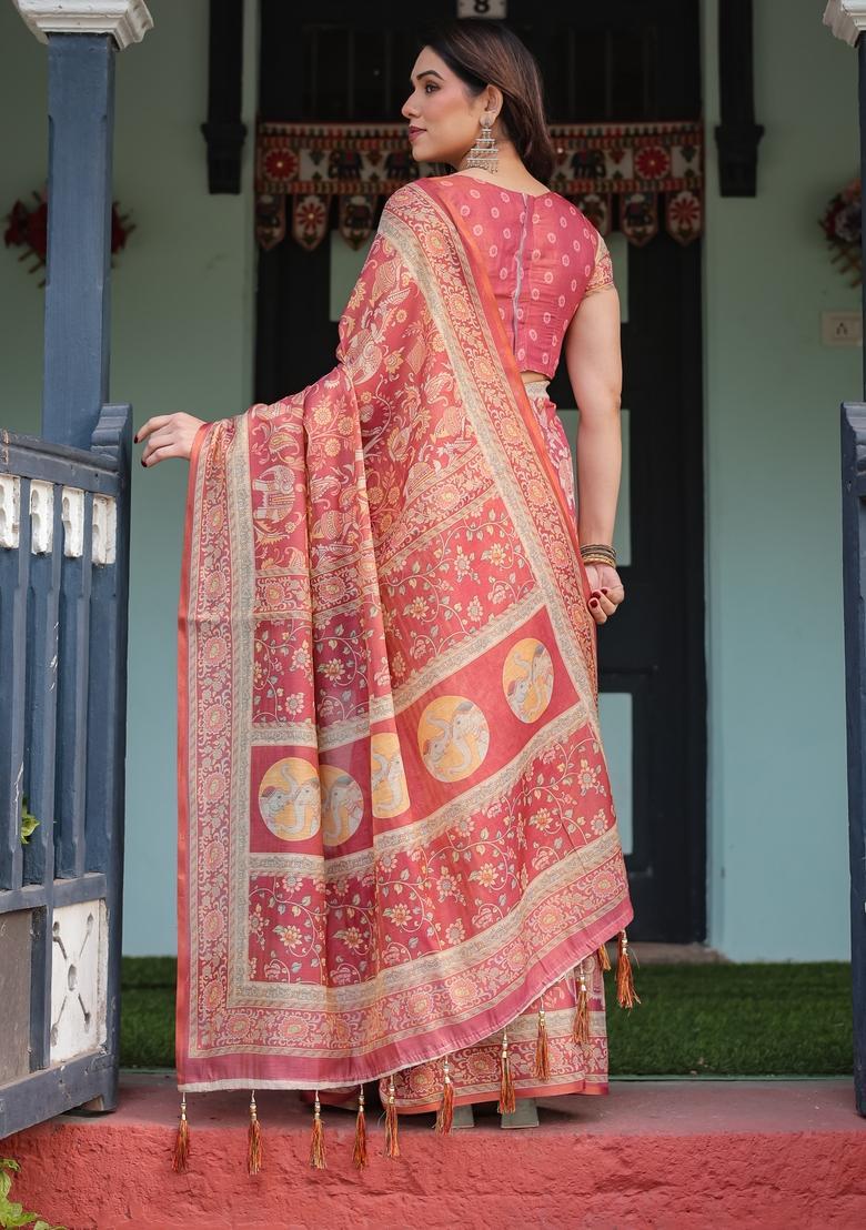 Brick Red Printed Handloom Saree Set - Indya