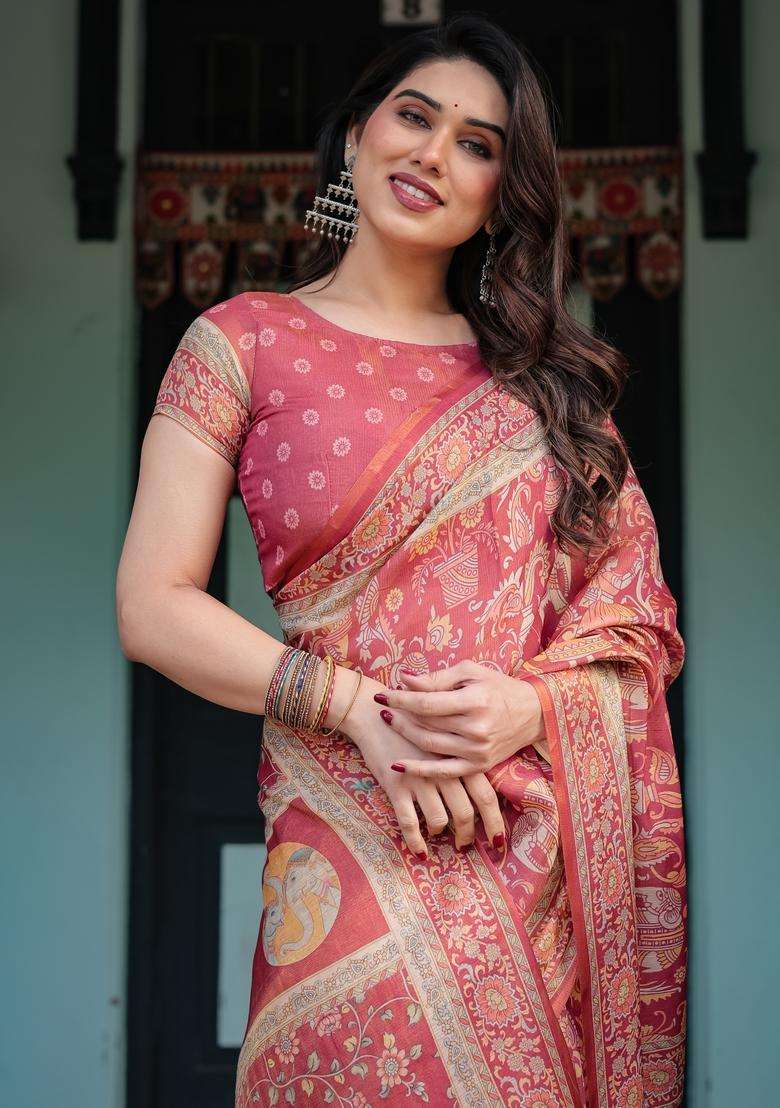 Brick Red Handloom Saree Set with Printed for Diwali | Wedding & Festive Wear - Indya