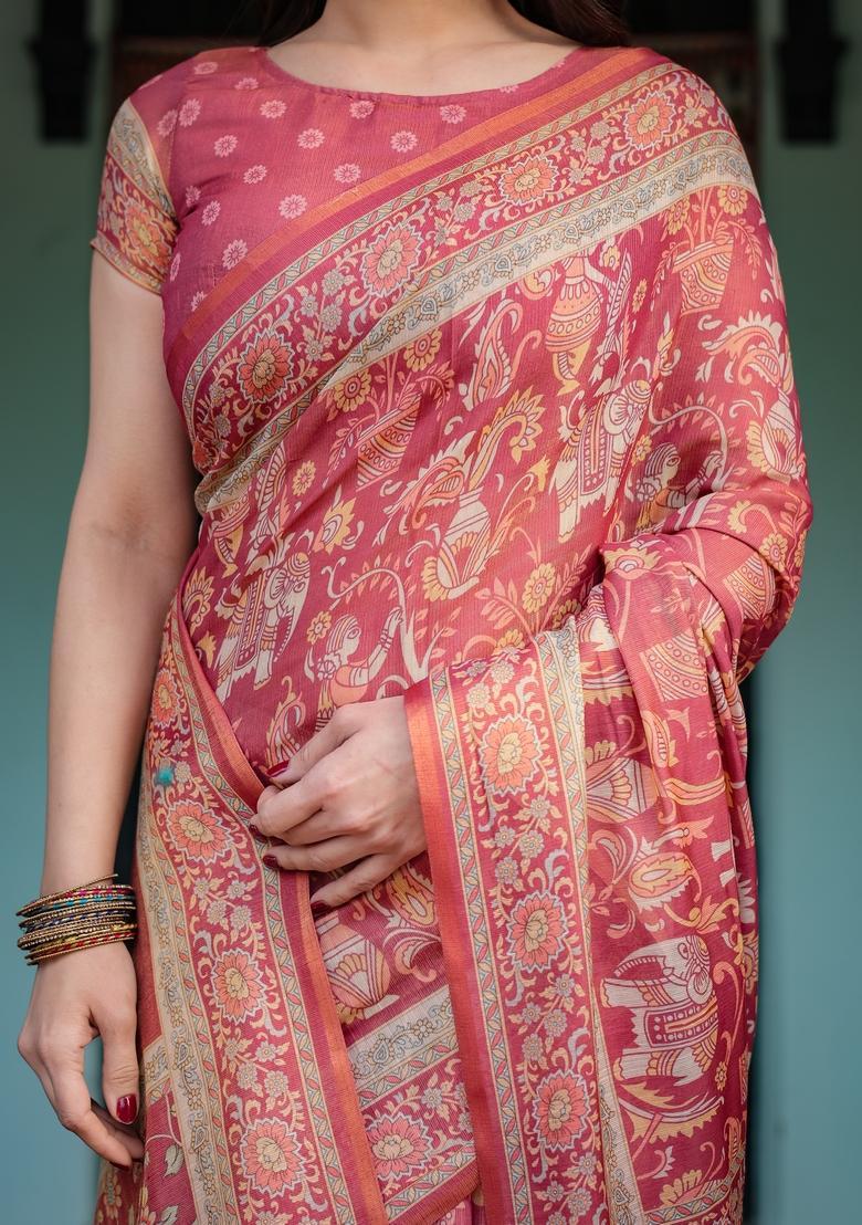Brick Red Printed Handloom Saree Set - Indya