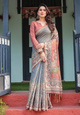 Somky Grey Printed Handloom Saree Set