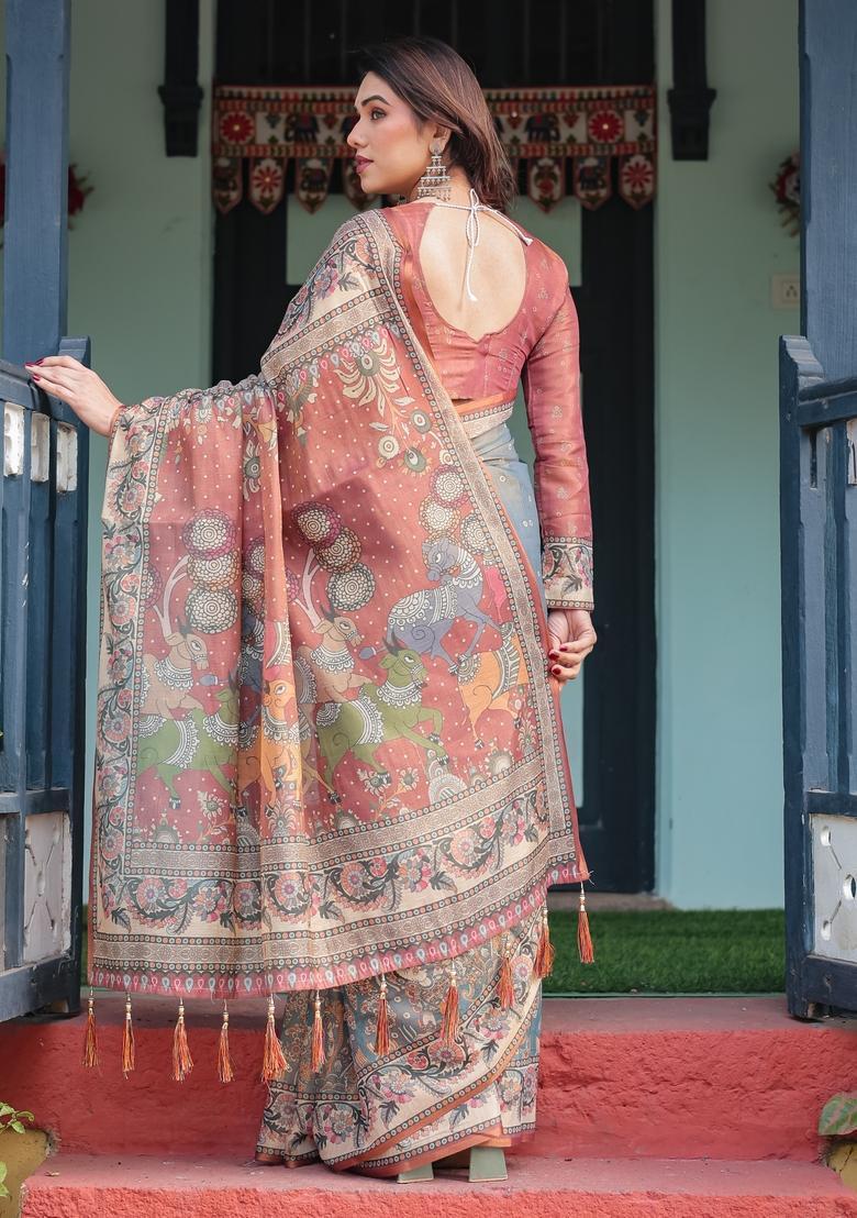 Somky Grey Printed Handloom Saree Set - Indya