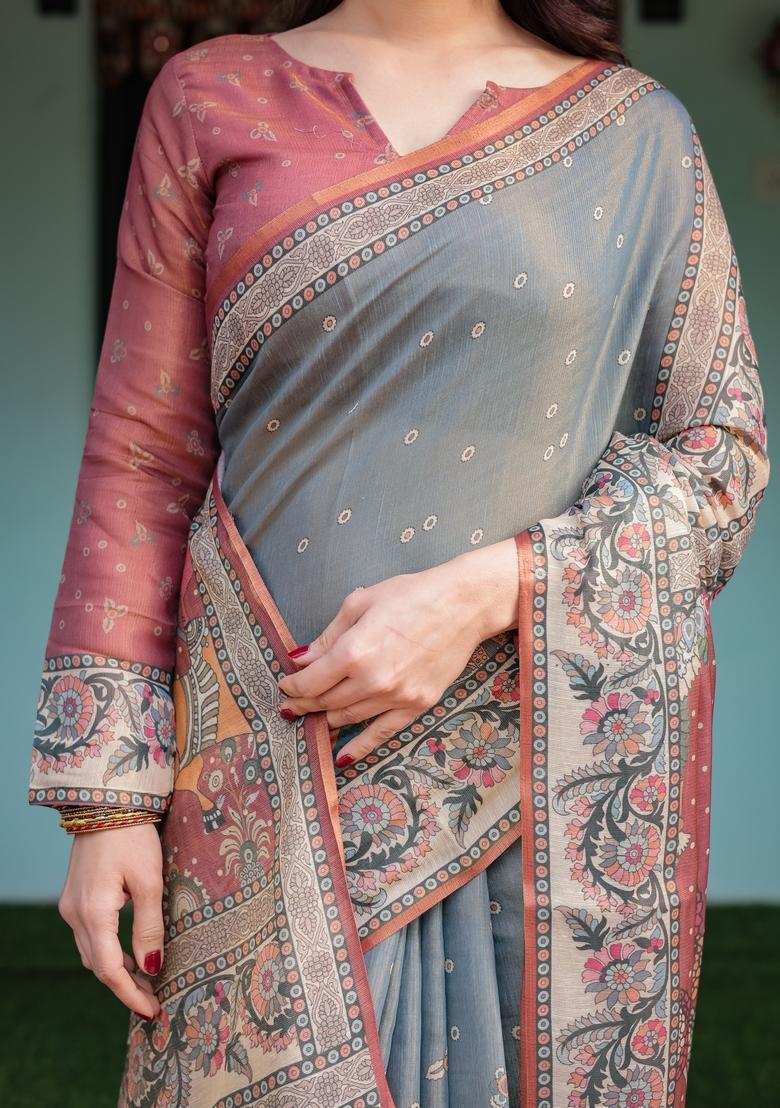 Somky Grey Printed Handloom Saree Set - Indya