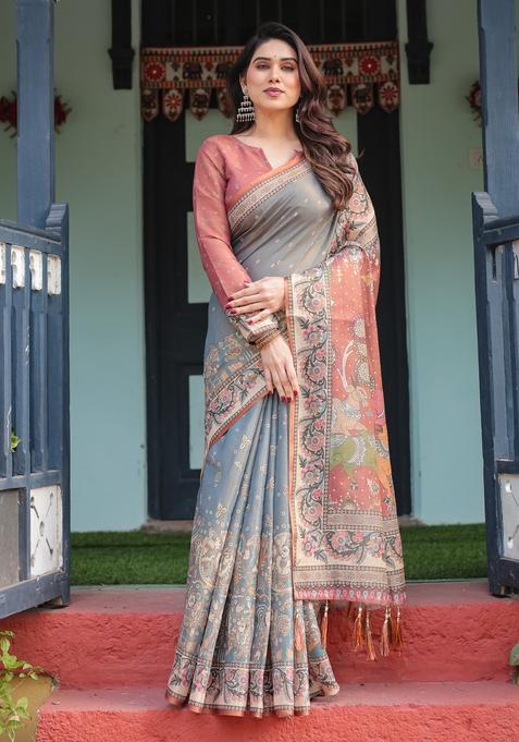 Somky Grey Printed Handloom Saree Set