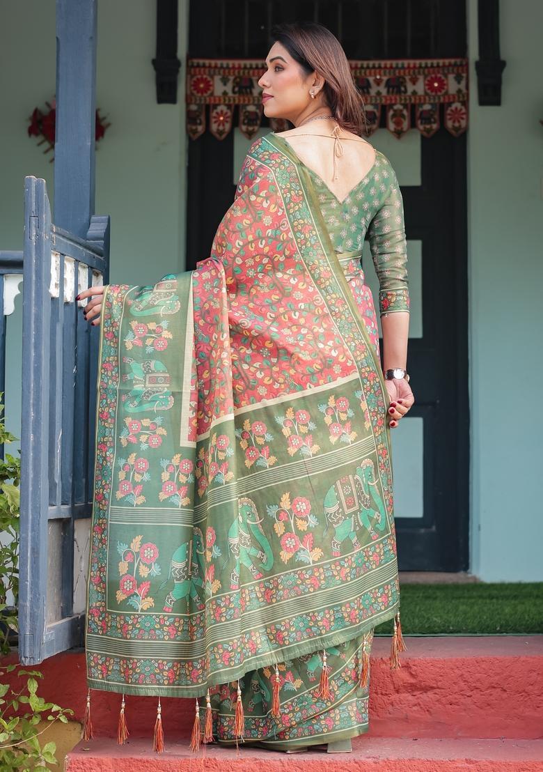 Bottle Green Printed Handloom Saree Set - Indya