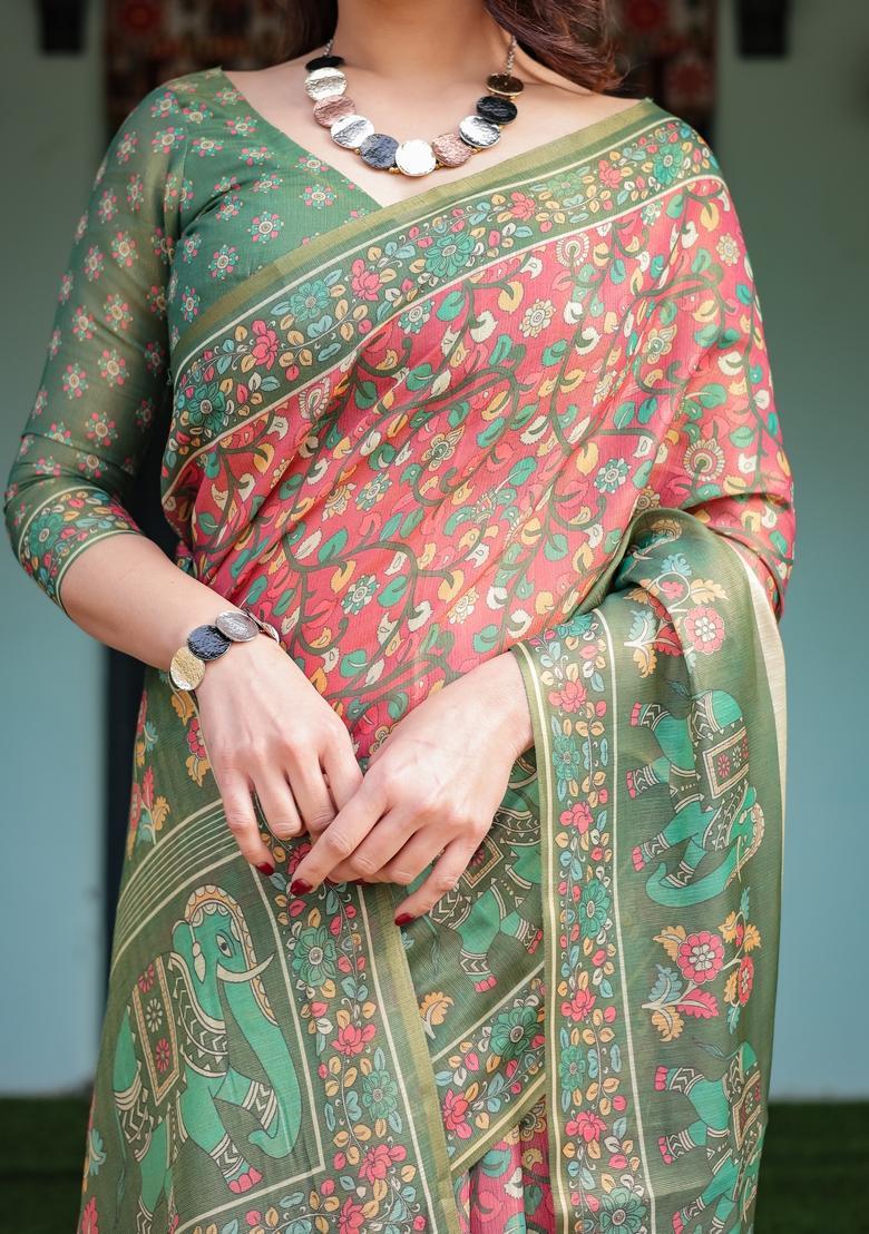 Bottle Green Printed Handloom Saree Set - Indya