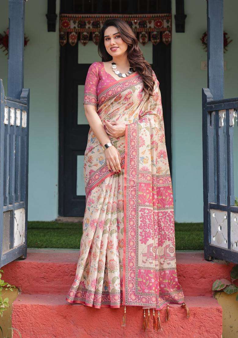 Ivory Printed Handloom Saree Set for Diwali and Festive Wear - Indya