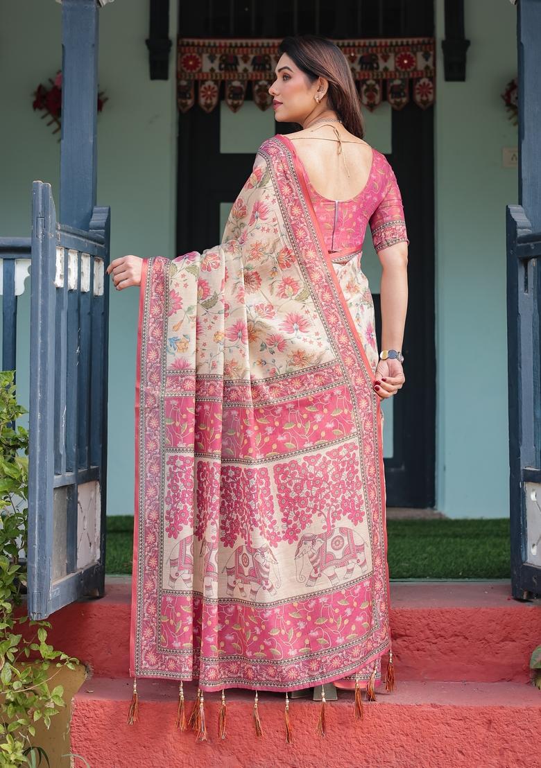 Ivory Printed Handloom Saree Set - Indya