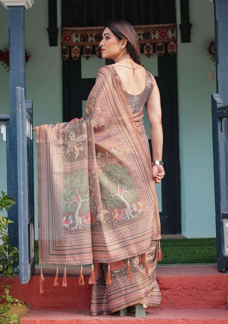 Mashroom Brown Handloom Saree Set with Printed for Diwali | Wedding & Festive Wear - Indya