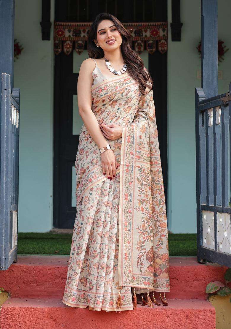 Ivory Beige Printed Handloom Saree Set for Diwali and Festive Wear - Indya