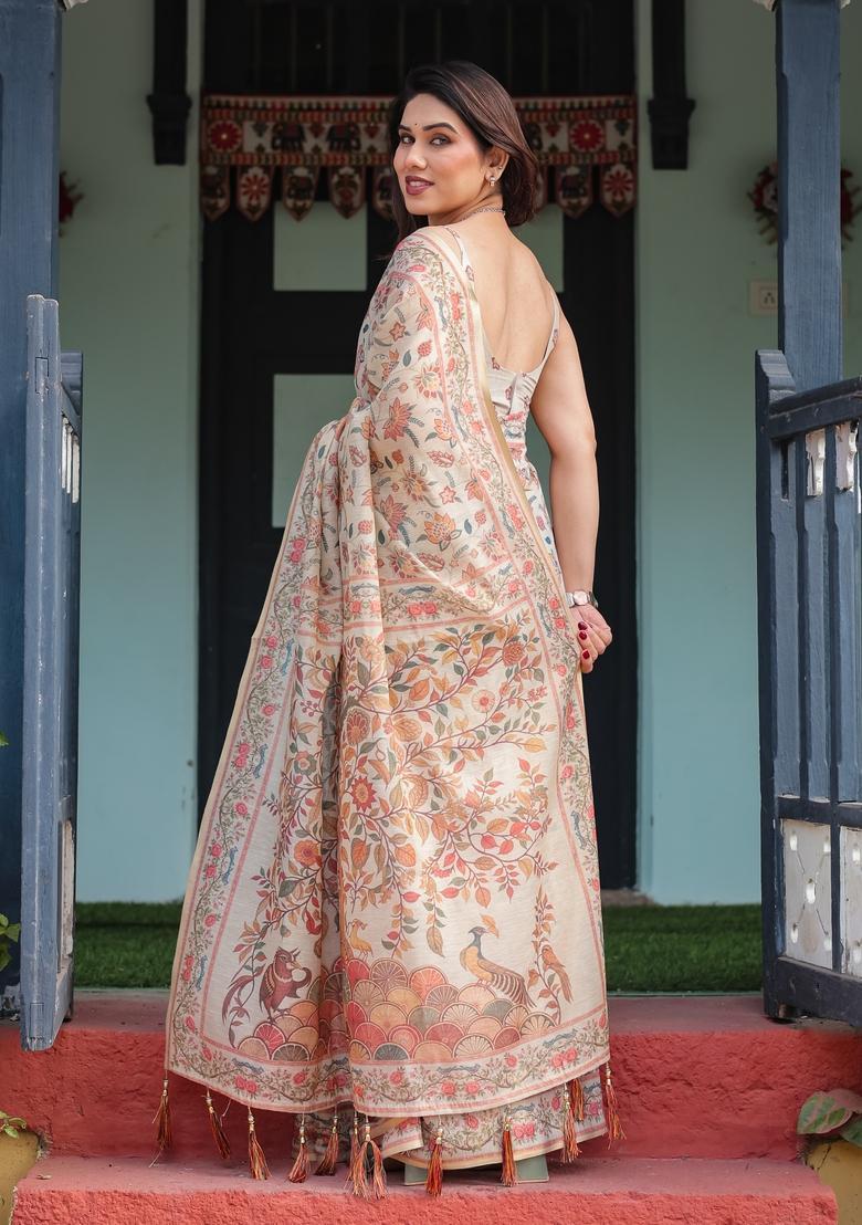 Ivory Beige Printed Handloom Saree Set - Indya