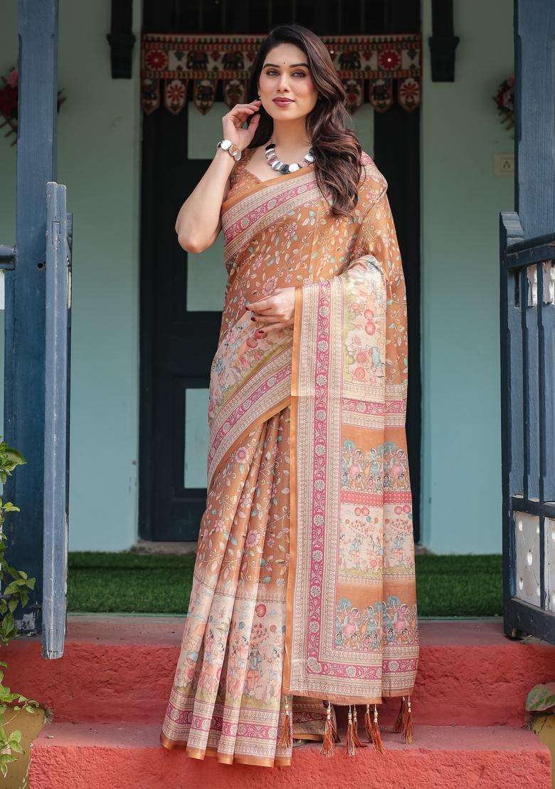 Ceramel Brown Printed Handloom Saree Set for Diwali and Festive Wear - Indya