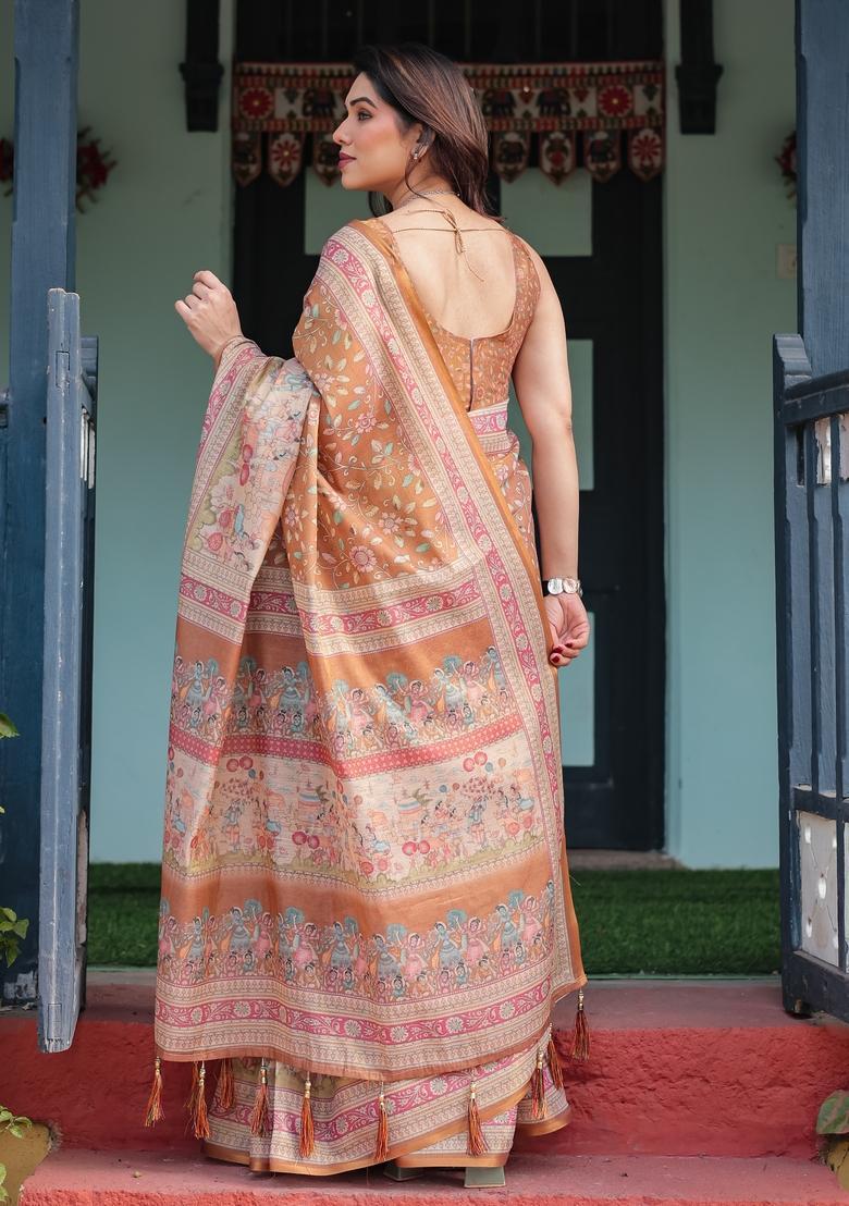 Ceramel Brown Printed Handloom Saree Set - Indya