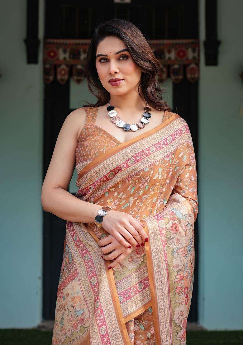 Ceramel Brown Printed Handloom Saree Set for Diwali and Festive Wear - Indya