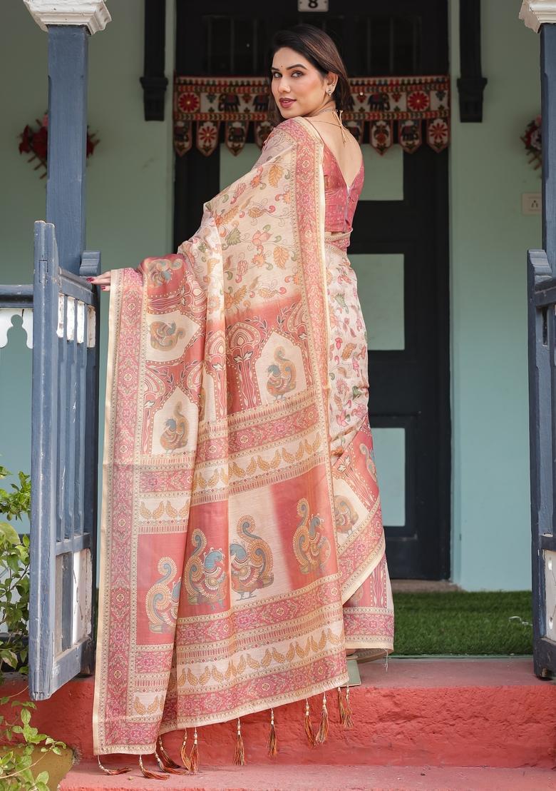 Peach Beige Printed Handloom Saree Set - Indya