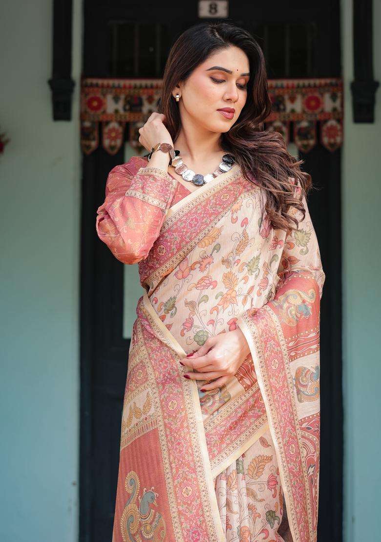 Peach Beige Handloom Saree Set with Printed for Diwali | Wedding & Festive Wear - Indya