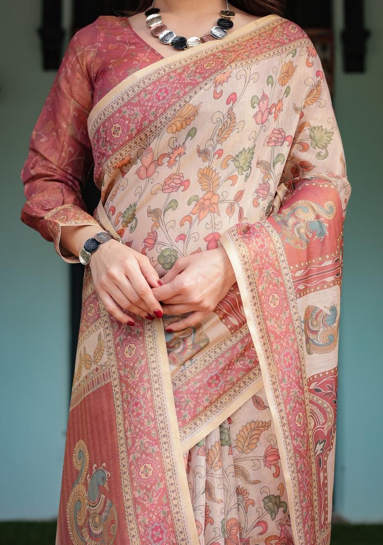 Peach Beige Printed Handloom Saree Set - Indya