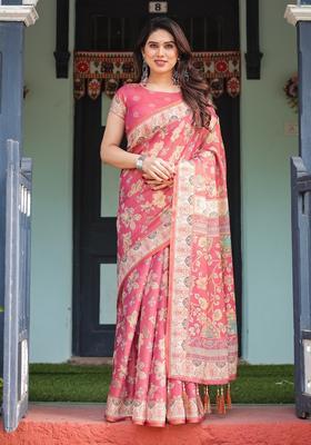 Rani Pink Printed Handloom Saree Set