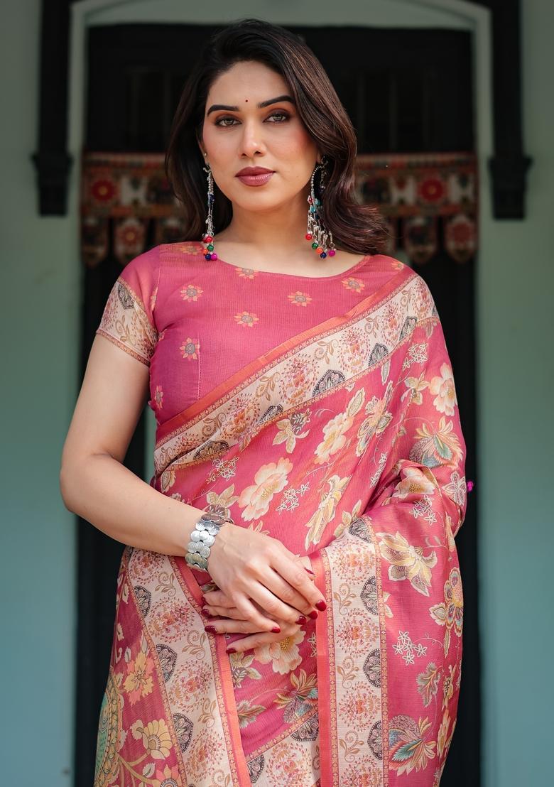 Rani Pink Printed Handloom Saree Set - Indya