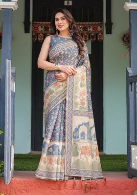 Slate Blue Printed Handloom Saree Set