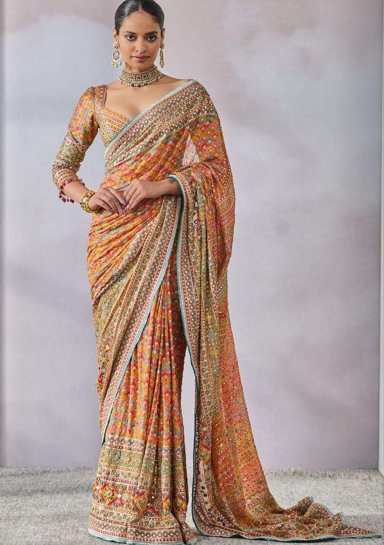 Light Yellow Silk Blend Saree Set with Printed for Diwali | Wedding & Festive Wear - Indya