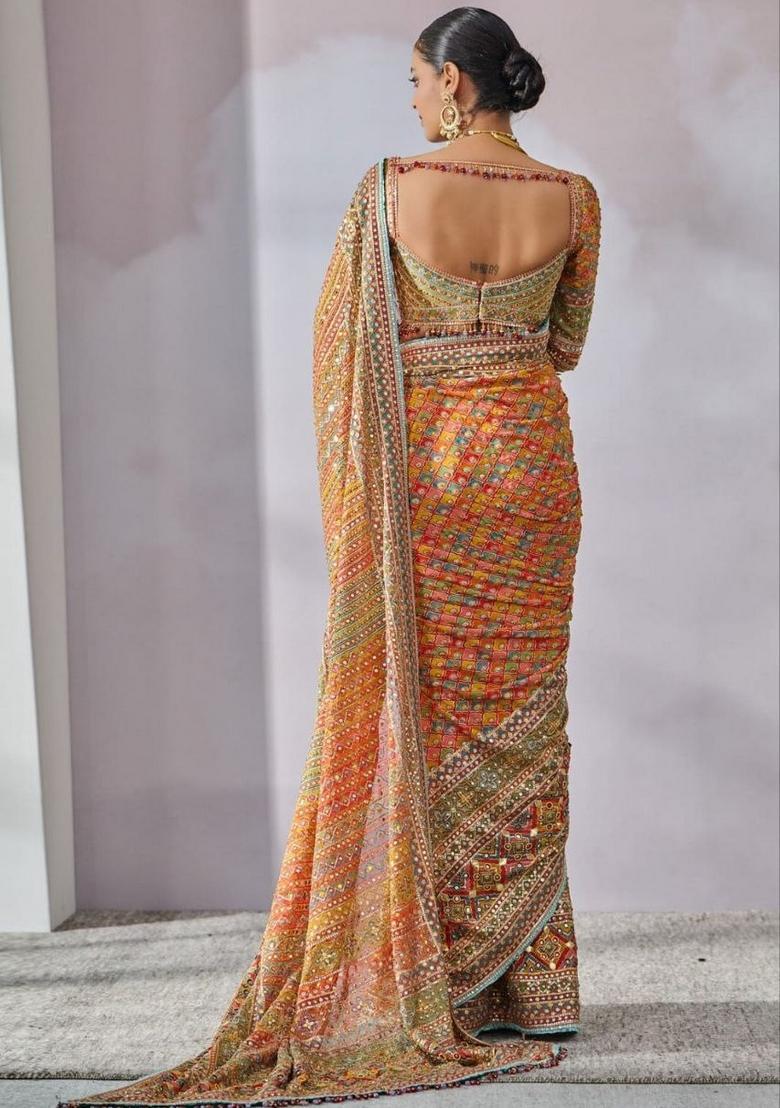 Light Yellow Printed Silk Saree Set - Indya