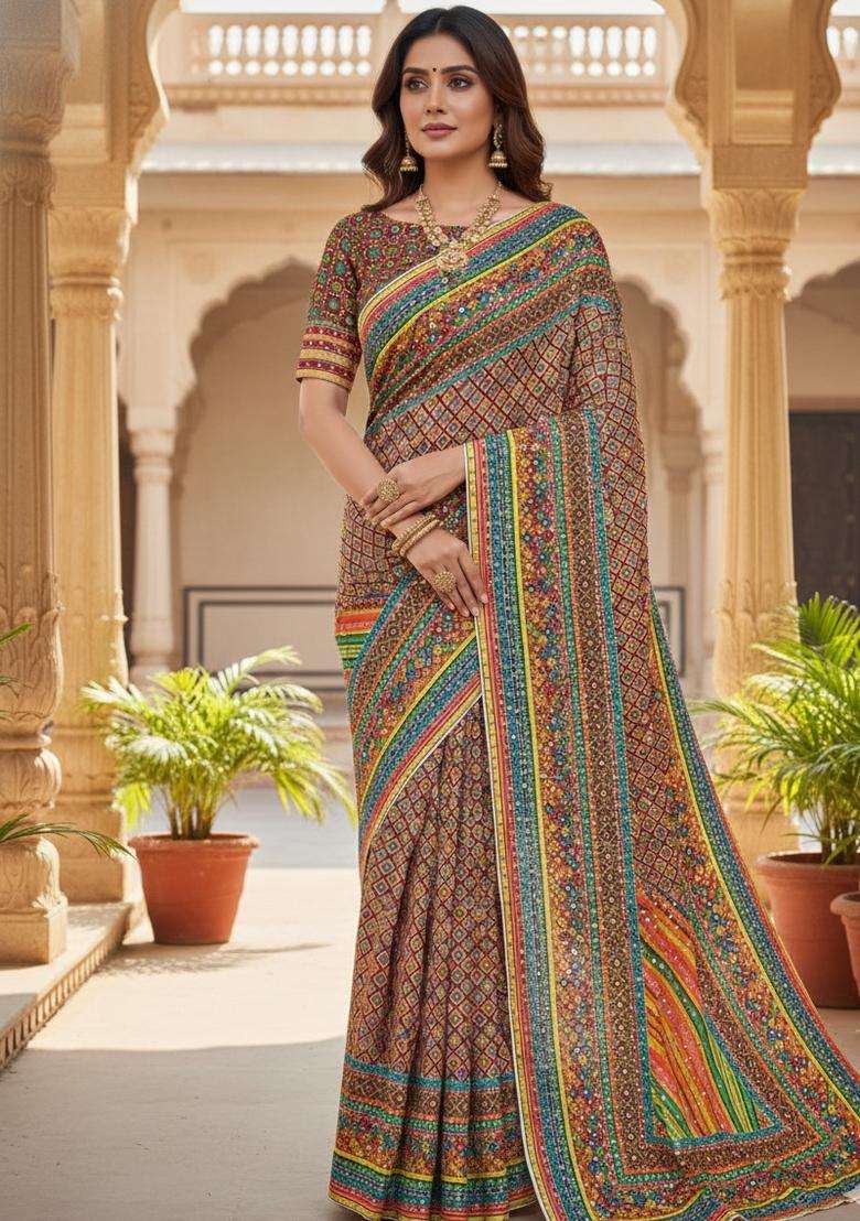 Multicolor Printed Silk Blend Saree Set for Diwali and Festive Wear - Indya