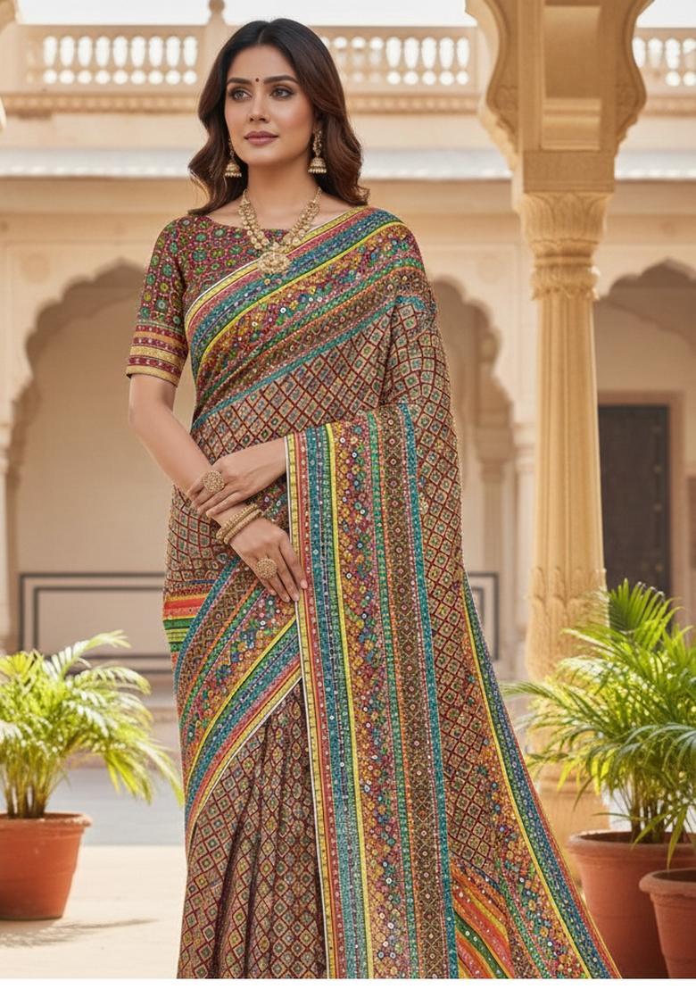 Multicolor Printed Silk Saree Set - Indya