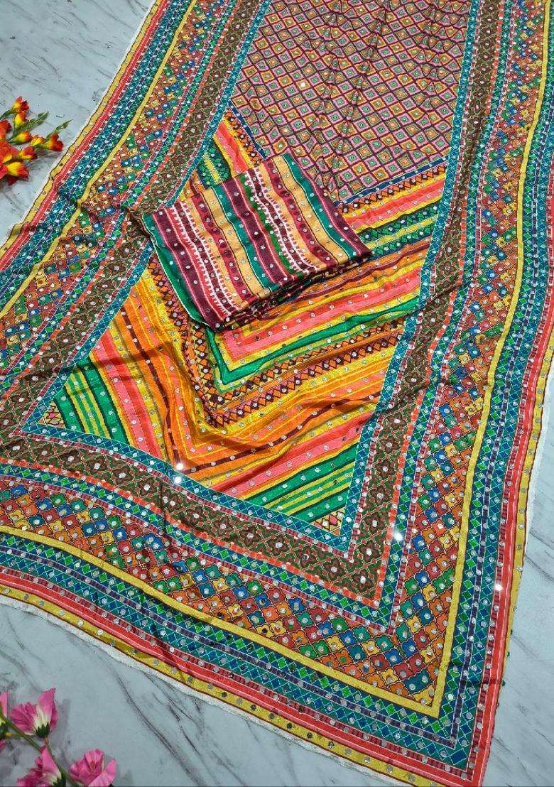 Multicolor Printed Silk Blend Saree Set for Diwali and Festive Wear - Indya
