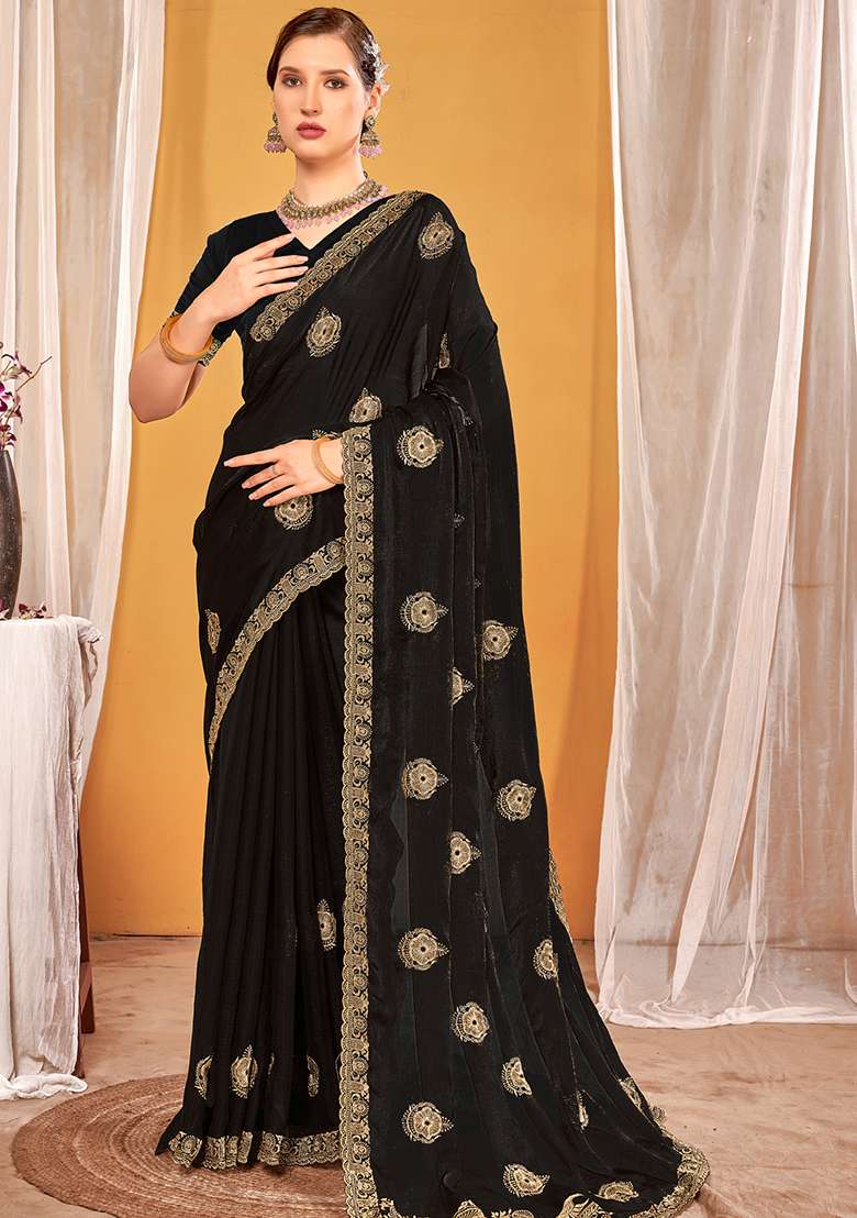Black Embroidered Silk Blend Saree Set for Diwali and Festive Wear - Indya