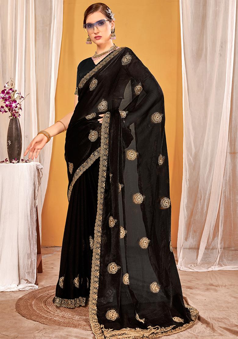 Black Embroidered Silk Saree Set - Indya