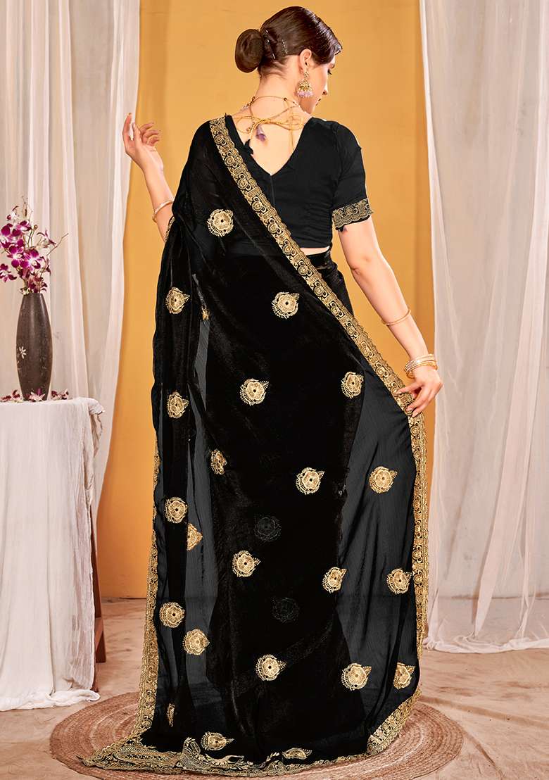Black Embroidered Silk Blend Saree Set for Diwali and Festive Wear - Indya