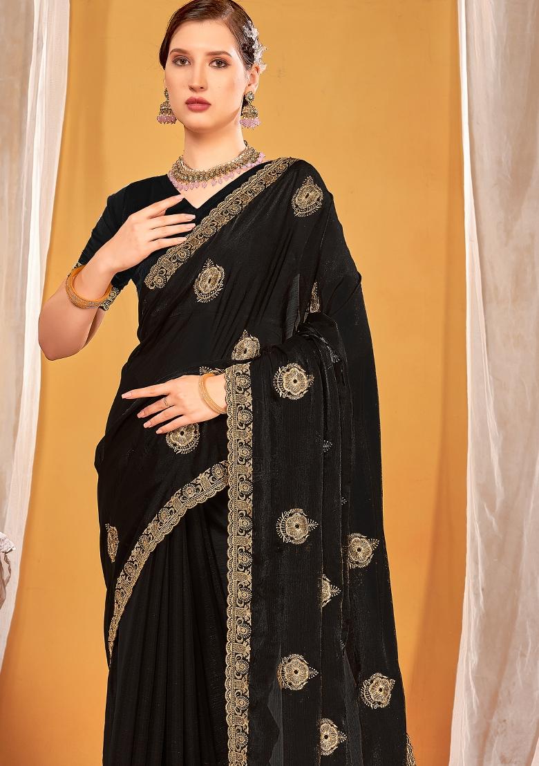 Black Embroidered Silk Saree Set - Indya