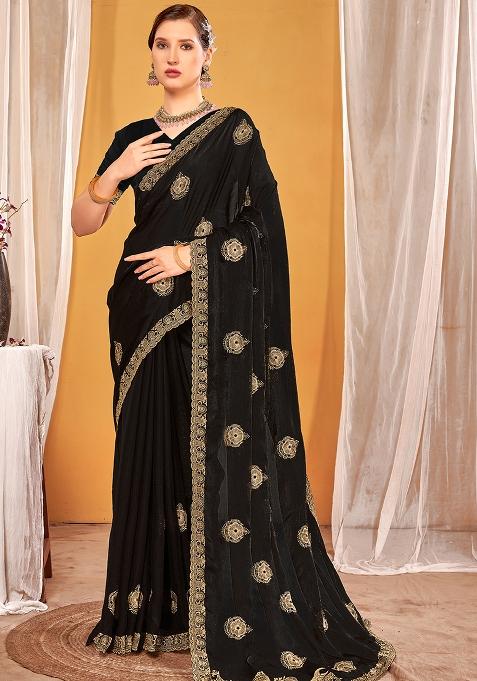 Black Embroidered Silk Saree Set
