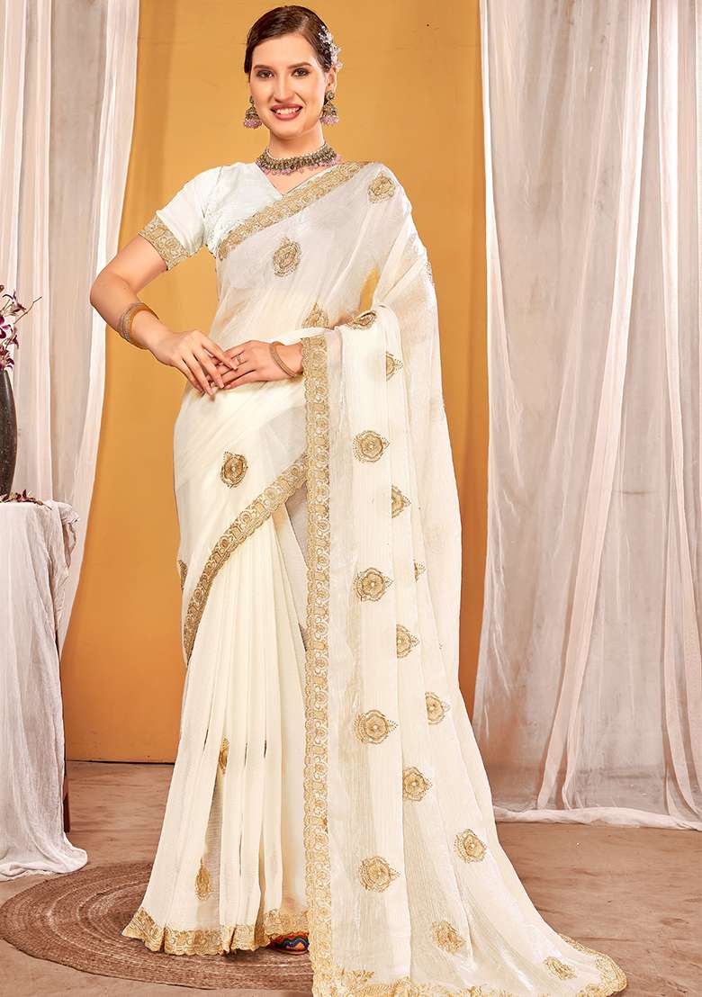 White Silk Blend Saree Set with Embroidered for Diwali | Wedding & Festive Wear - Indya
