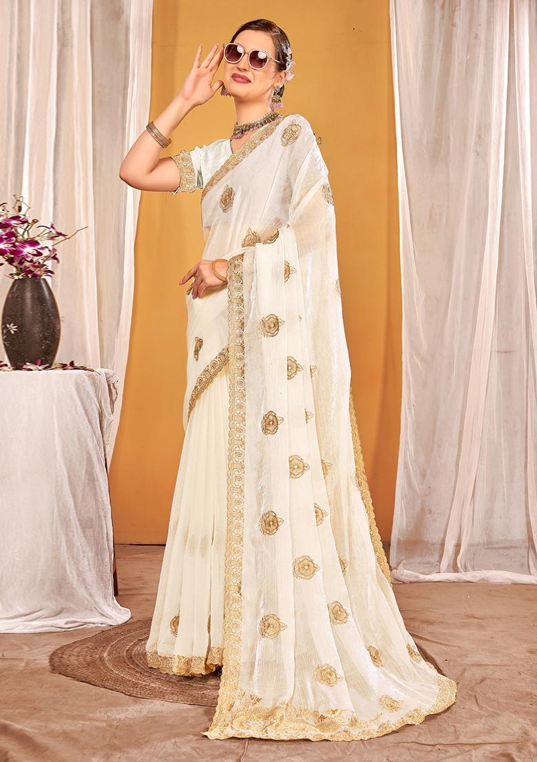 White Embroidered Silk Saree Set - Indya