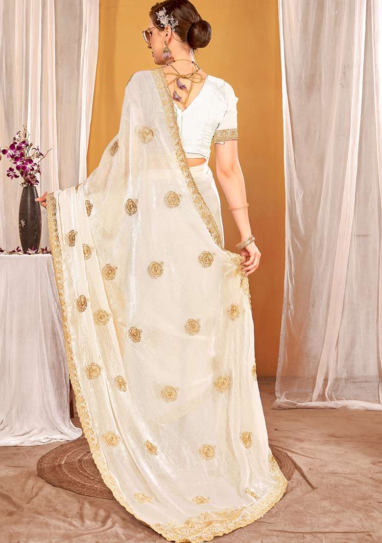 White Silk Blend Saree Set with Embroidered for Diwali | Wedding & Festive Wear - Indya