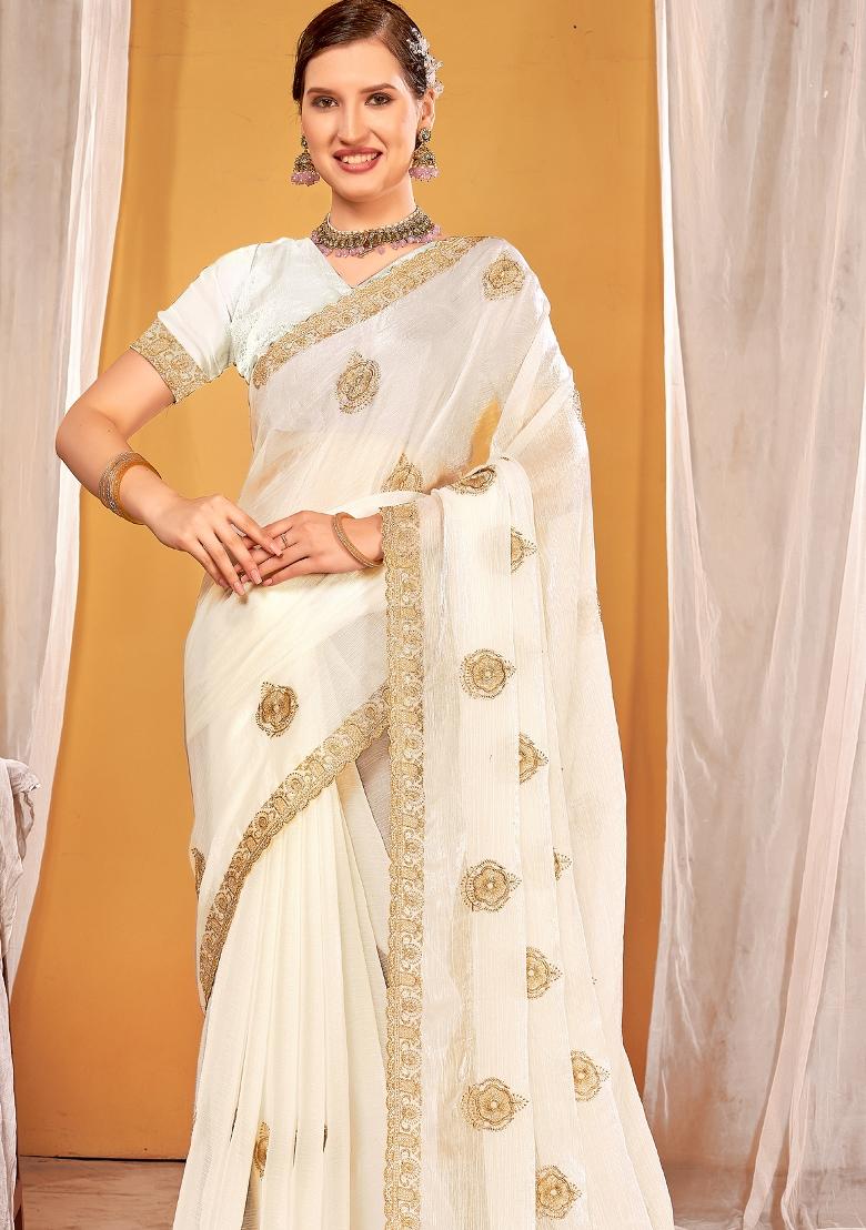 White Embroidered Silk Saree Set - Indya