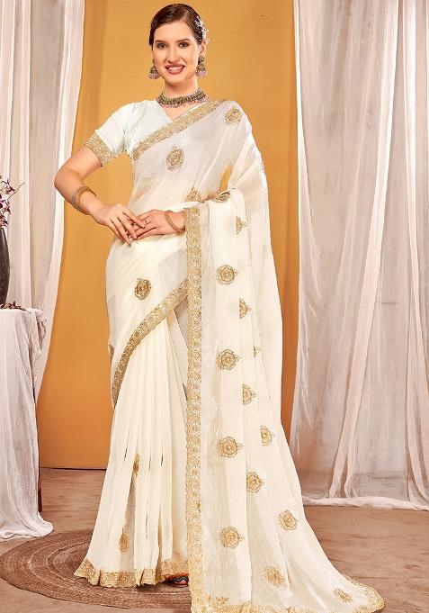 White Embroidered Silk Saree Set