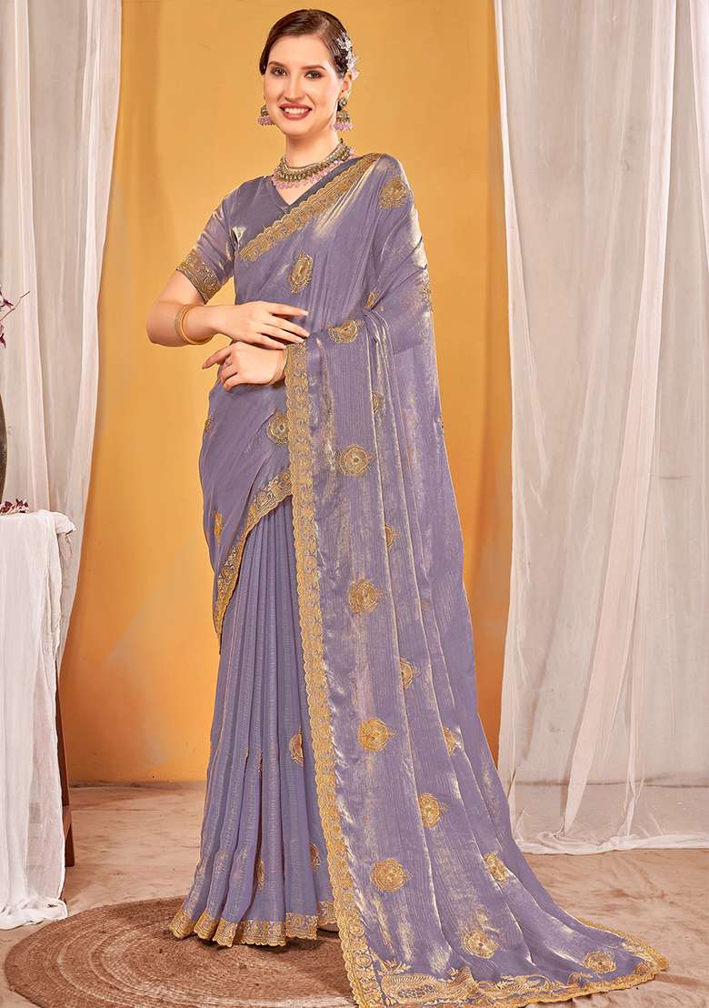 Lavender Silk Blend Saree Set with Embroidered for Diwali | Wedding & Festive Wear - Indya