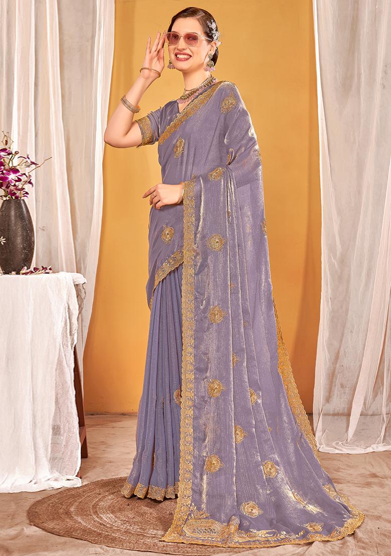 Lavender Embroidered Silk Saree Set - Indya