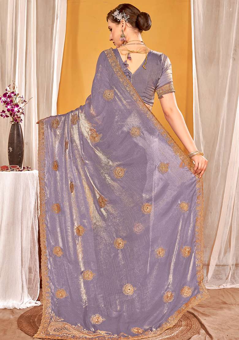 Lavender Silk Blend Saree Set with Embroidered for Diwali | Wedding & Festive Wear - Indya