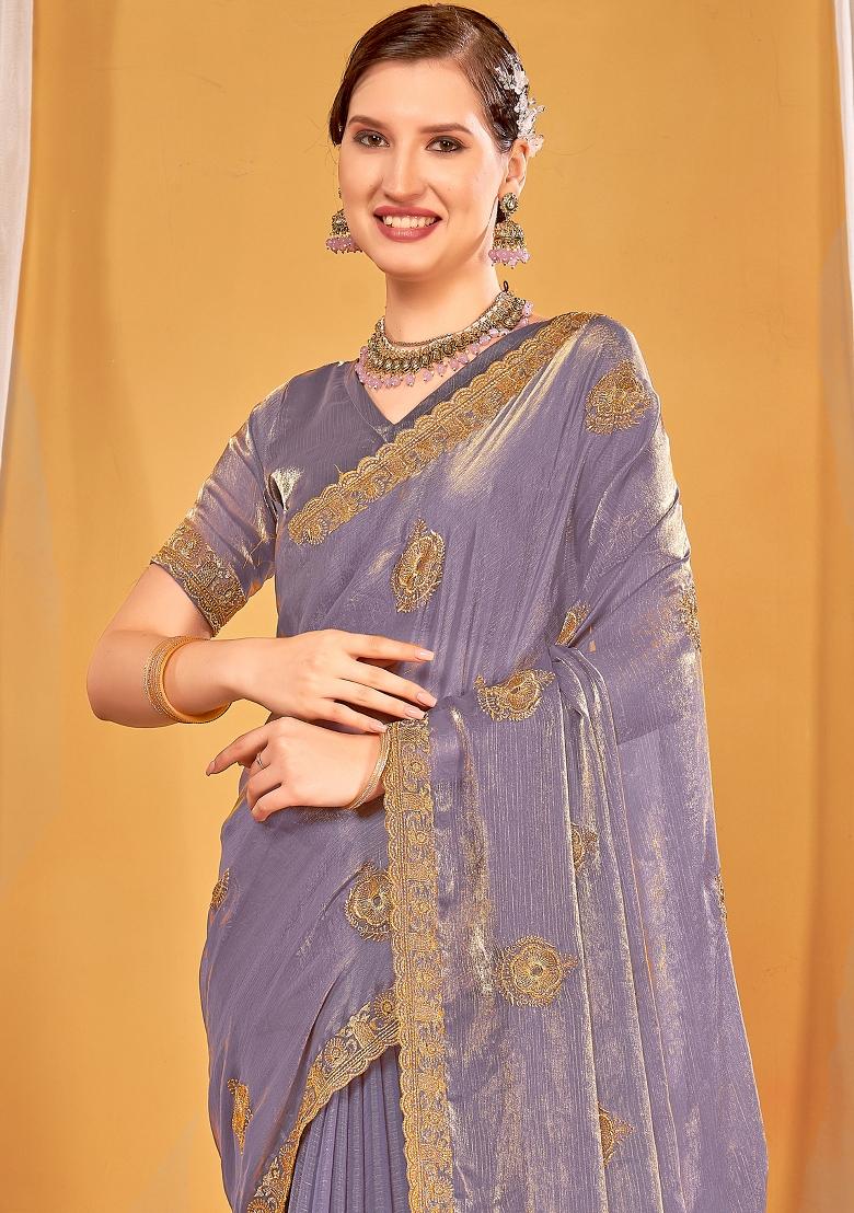 Lavender Embroidered Silk Saree Set - Indya