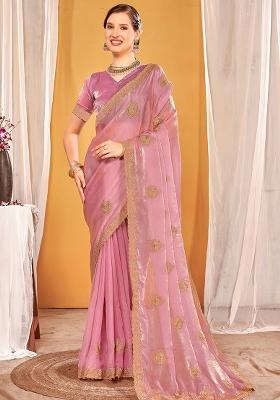 Pink Embroidered Silk Saree Set