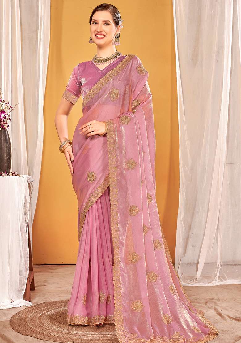 Pink Silk Blend Saree Set with Embroidered for Diwali | Wedding & Festive Wear - Indya