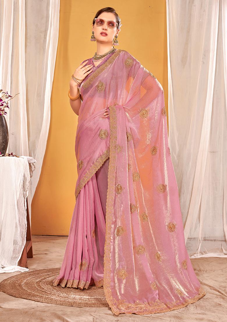 Pink Embroidered Silk Saree Set - Indya