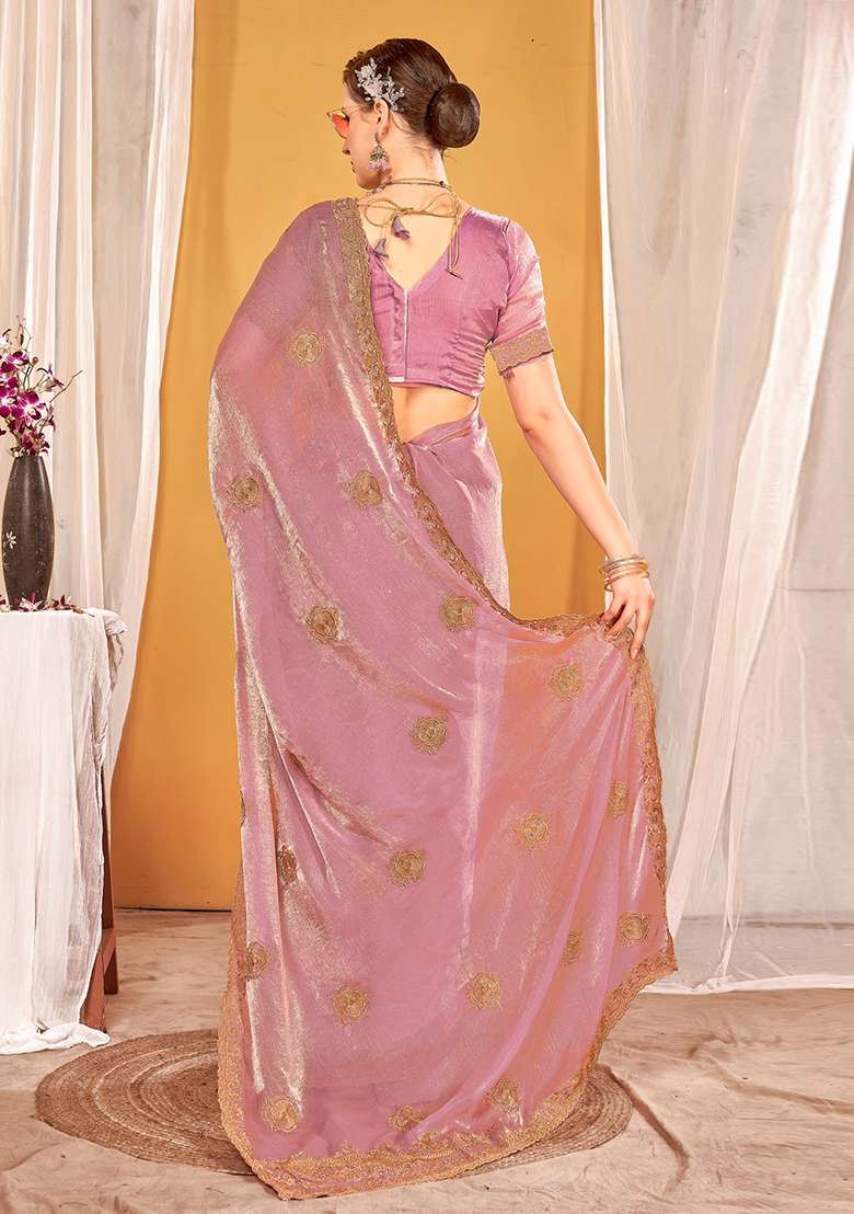 Pink Silk Blend Saree Set with Embroidered for Diwali | Wedding & Festive Wear - Indya