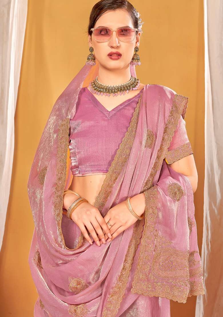 Pink Silk Blend Saree Set with Embroidered for Diwali | Wedding & Festive Wear - Indya