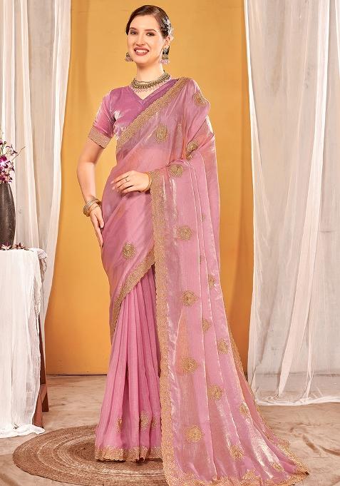 Pink Embroidered Silk Saree Set