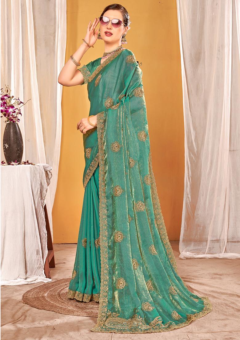 Green Embroidered Silk Saree Set - Indya