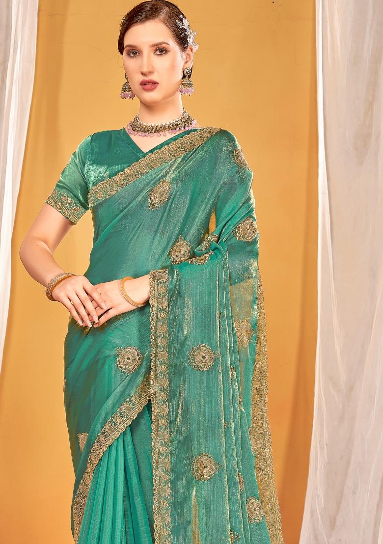 Green Embroidered Silk Saree Set - Indya